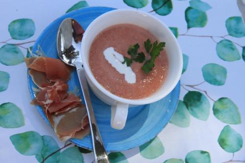 a bowl of soup on a blue plate with a spoon at Gites-Terroirs-Occitanie in Felluns