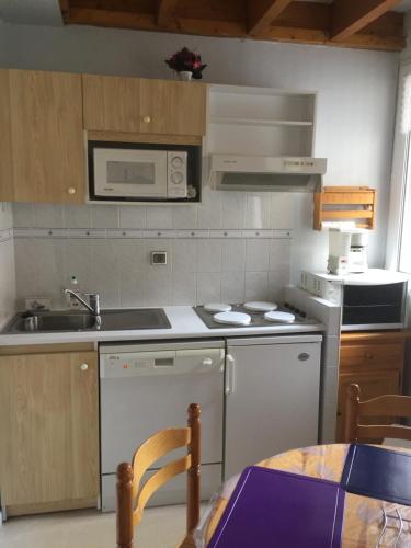 une cuisine avec un évier et une cuisinière four supérieur dans l'établissement Appartement Cauterets, à Cauterets