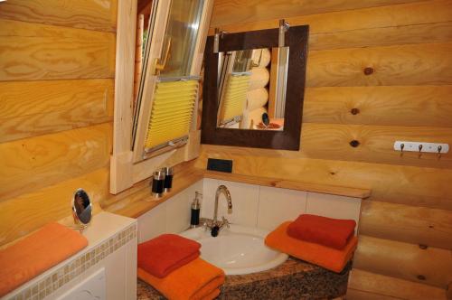 uma casa de banho com um lavatório e um espelho em Hotelanlage Country Lodge em Arnsberg