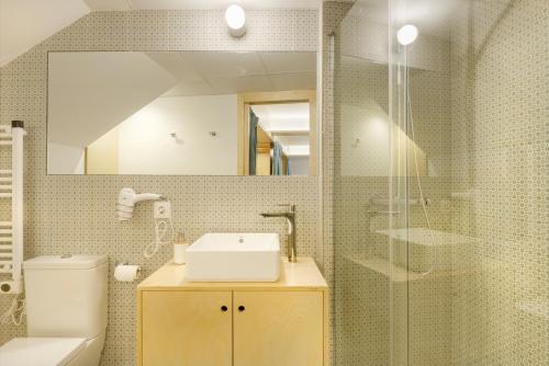 een badkamer met een wastafel, een toilet en een douche bij Loft Casa Berdon in Panticosa