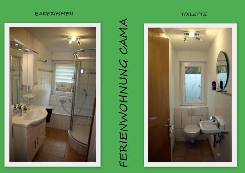 2 fotos de un baño con lavabo y aseo en Cama, en Schuttertal
