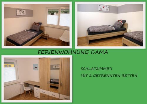 2 fotos de un dormitorio con cama y escritorio en Cama, en Schuttertal