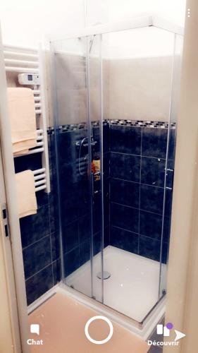une douche avec une porte vitrée dans une salle de bain dans l'établissement Eyssam d’or, à Dijon