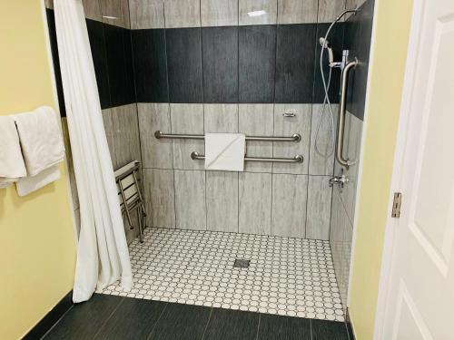 a bathroom with a shower with black and white tiles at Central Coast Inn Cayucos in Cayucos