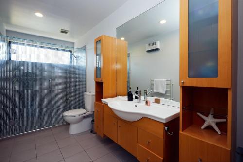 a bathroom with a sink and a toilet and a shower at Bliss on the Bay in Kaikoura