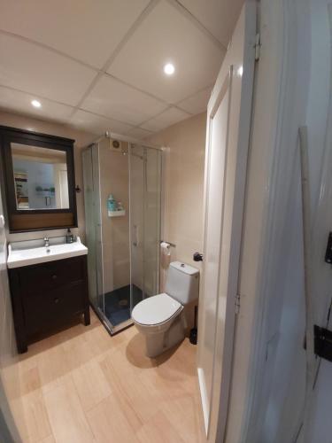 a bathroom with a toilet and a sink and a shower at Apartamento a 300 mts de la playa, 25 minutos de Port Aventura y 50 de Barcelona in Comarruga