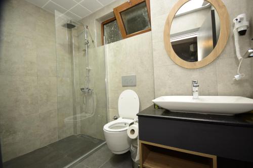 a bathroom with a sink and a toilet and a shower at KORU BUTİK OTEL in Artvin