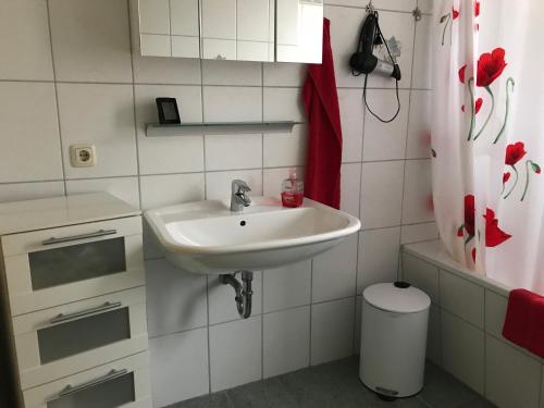 a bathroom with a white sink and a red shower curtain at Alices-Ferienwohnungen in Arnstadt