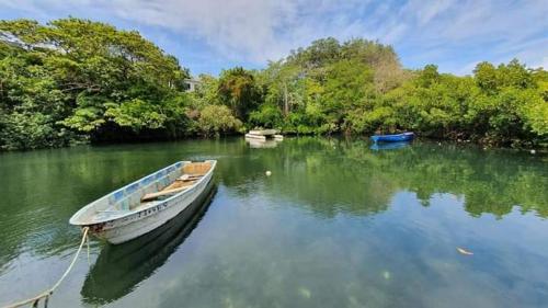 a boat tied to a dock in the water at Valmarin Seafront Apartments in Trou dʼ Eau Douce