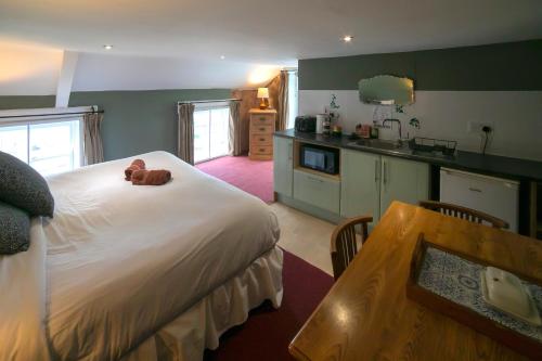 ein Schlafzimmer mit einem Bett mit einem Teddybär drauf in der Unterkunft Spoon and the Stars Hostel in Drogheda