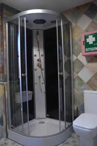a shower in a bathroom with a toilet at Casa Rural & SPA Mirador Gredos in Guijo de Ávila