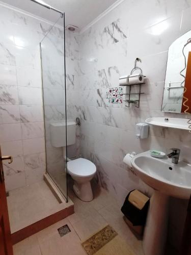 a bathroom with a shower and a toilet and a sink at Casa Magica Busteni in Buşteni