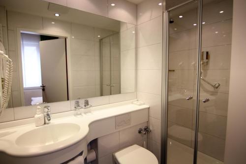 
a bathroom with a shower, sink, and mirror at Hotel-Restaurant Ochsen in Blaubeuren
