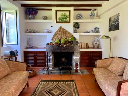 a living room with two couches and a fireplace at Stone House - Sete Cidades in Sete Cidades