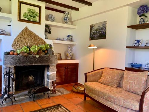 a living room with a couch and a fireplace at Stone House - Sete Cidades in Sete Cidades