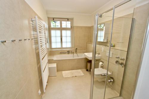 a bathroom with a shower and a tub and a sink at Ferienwohnung Natur und Kunst in Dresden