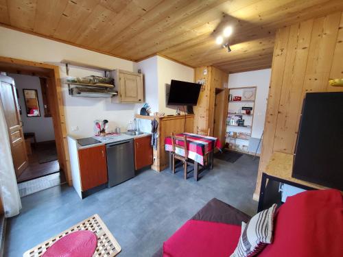 a living room with a kitchen and a stove top oven at Chaleureux 2 pièces avec terrasse à Seez in Séez