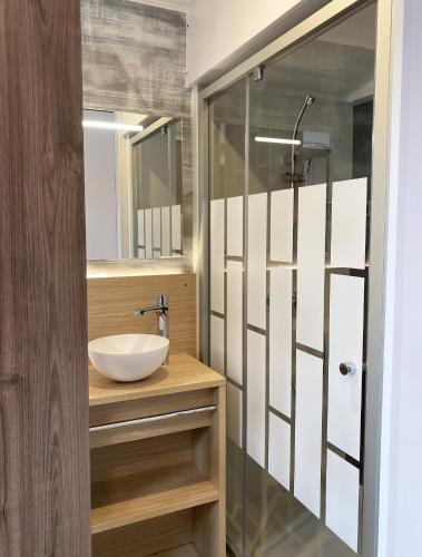 une salle de bain avec un lavabo et une douche en verre dans l'établissement Domaine des Ormes by Home From Home, à Dol-de-Bretagne