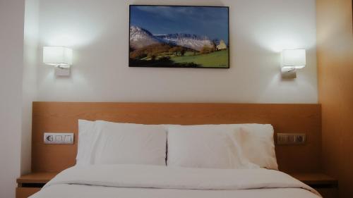 1 dormitorio con 1 cama con una foto en la pared en Pensión Ayala, en Amurrio
