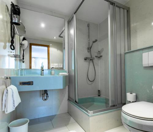 a bathroom with a shower and a sink and a toilet at Hotel Zum Ochsen in Schonwald im Schwarzwald