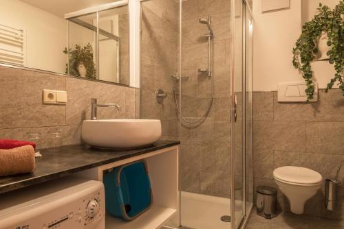 a bathroom with a sink and a shower at Apartment Euringer Villa Erna in Siusi