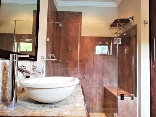 a bathroom with a large white tub and a shower at Franchise Premier Guest House in Boksburg