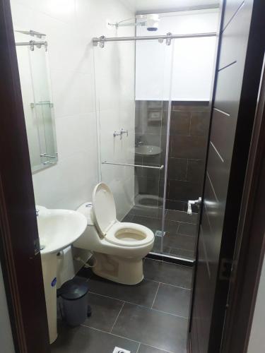 a bathroom with a toilet and a sink and a shower at Estadia independiente en el campo Boyacense in Duitama