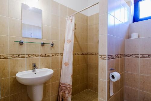 uma casa de banho com um lavatório e um chuveiro em Penzión Vendelín em Veľké Zálužie