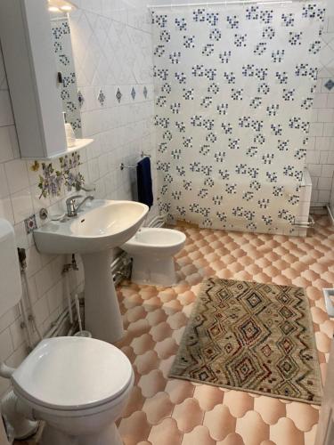 a bathroom with a white toilet and a sink at Irina Apartments in Piteşti