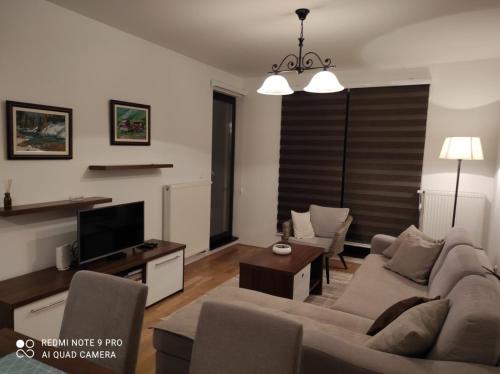 a living room with a couch and a tv at Apartman SL Bjelasnica in Sarajevo