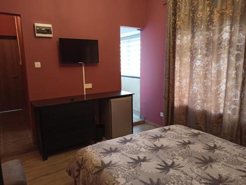 1 dormitorio con 1 cama y escritorio con TV en Studio in the center of Nicosia en Nicosia