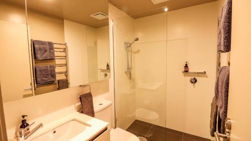 a bathroom with a shower and a sink and a toilet at Diana Alpine Lodge in Falls Creek