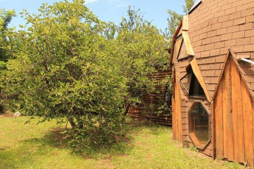 an apple tree next to a building next to a house at Casa domo San Fabián de Alico in San Fabián de Alico