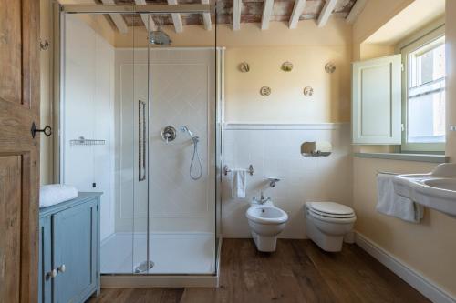 y baño con ducha, aseo y lavamanos. en Terre di Cocomo, en Borgo a Buggiano