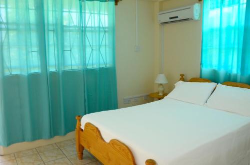 a bedroom with a white bed and blue curtains at Bascombe Apartments in Kingstown