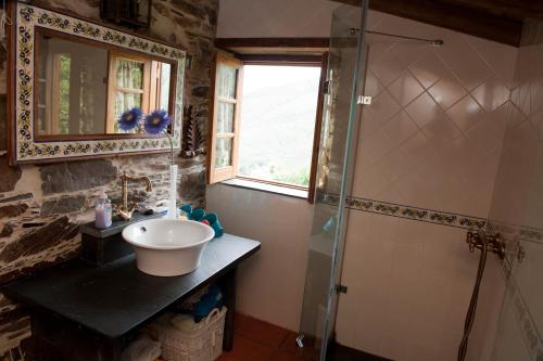 uma casa de banho com um lavatório e um chuveiro em Talasnal Casa da Urze AL em Lousã
