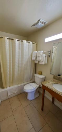 a bathroom with a toilet and a shower and a sink at Anaheim National Inn in Anaheim