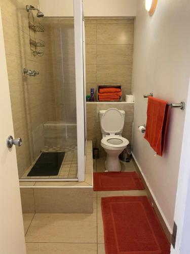 a bathroom with a toilet and a shower with towels at Beach View in Durban