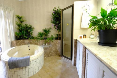 La salle de bains est pourvue d'une baignoire et d'une douche avec des plantes. dans l'établissement Santa Lucia Guest House, à St Lucia