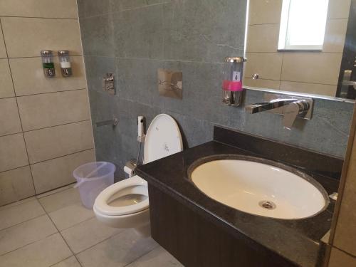 a bathroom with a sink and a toilet and a mirror at HOTEL HILL VIEW in Dehradun