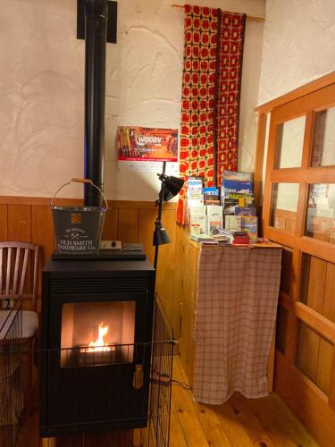 a fireplace in a living room with a stove at Pension Razteca in Hakuba