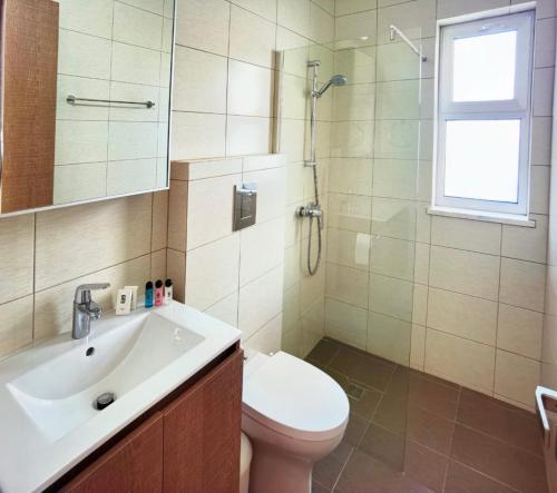 a bathroom with a sink and a toilet and a shower at Milos Lifestyle Villa 17 in Protaras