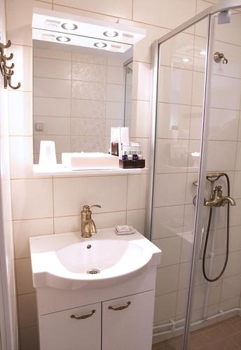 a bathroom with a sink and a shower at Woikoski Feeling - WHD Gård in Nurmaa