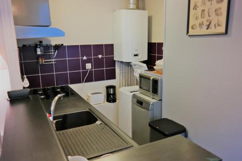 een kleine keuken met een spoelbak en een magnetron bij Les logettes in Honfleur
