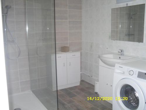 ein Badezimmer mit einer Waschmaschine und einem Waschbecken in der Unterkunft Maison - Chambre d’hôte située au cœur d Asfeld in Asfeld