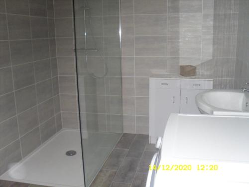 ein Bad mit einer Dusche und einem Waschbecken in der Unterkunft Maison - Chambre d’hôte située au cœur d Asfeld in Asfeld