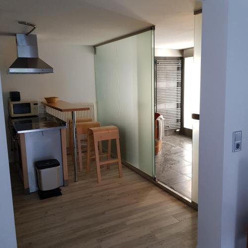 um quarto com uma cozinha com uma mesa e um balcão em Gasthof zum Lamm em Mühlheim an der Donau