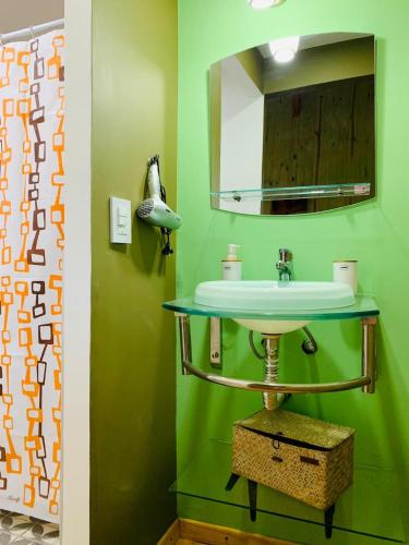 a green bathroom with a sink and a mirror at Cabañas Namaskar in Villa Serranita