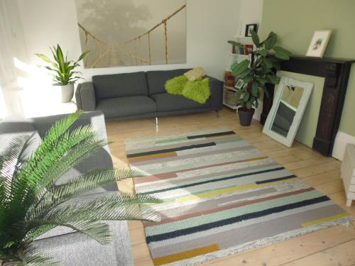 a living room with a couch and a rug at Stunning townhouse at Plymouth Hoe in Plymouth