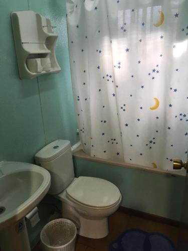 a bathroom with a toilet and a sink and a shower curtain at Bungalows Alpha in Getafe